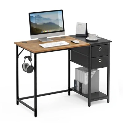 Afbeelding van Mondeer Computerbureau, bureau met 2 laden en opbergplank links of rechts, 100 x 50 76 cm, industriële stijl, thuiskantoor werkstation studie, rustiek bruin zwart