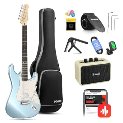 Afbeelding van Donner Elektrische gitaar, 99 cm, set, HSS, spoelsplitsfunctie, DST 152R, beginnersset met versterker, draagtas, capo, gitaarriem, snaar, stemapparaat, kabel, plectrums, blauw (metallic ice blue)