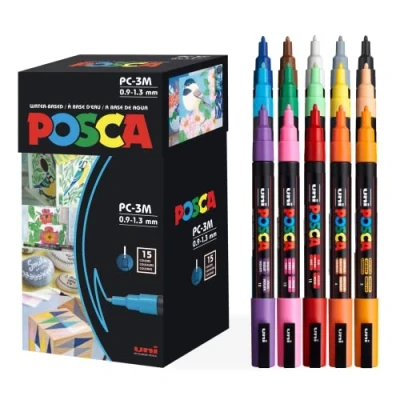 Afbeelding van Posca Uniball Pigmentmarker PC3M, etui van 15 stuks, diverse kleuren