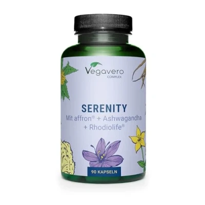Afbeelding van Vegavero SERENITEIT stemmingsbooster Ashwagandha, sint janskruid, saffraan, hericium, L tryptofaan + B vitamines Voor zenuwen en psyche* Zonder toevoegingen