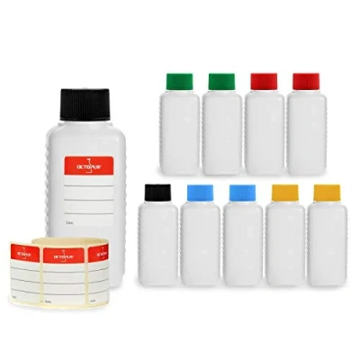 Afbeelding van 10x 100 ml Octopus HDPE plastic flessen, voedselveilig voor bv. vliegtuig, reizen, kamperen, gekleurde deksels