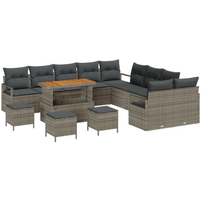 Afbeelding van vidaXL 13 delige Tuinbank Set met Kussens Grijs Poly Rattan Acacia, 2 Zits Opslag &amp; Rattan, 3 Tuin Eetset Acacia