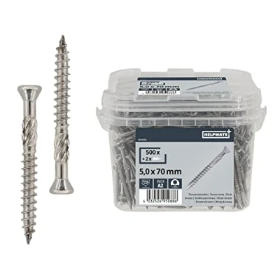 Afbeelding van HELPMATE Terrasschroeven 5,0 x 70 mm, 500 stuk plankschroeven + 2 T25 Bits T Star Plus, roestvrijstalen cut punt torx schroeven A2 voor terrasbouw, freesribben, verzonken kop