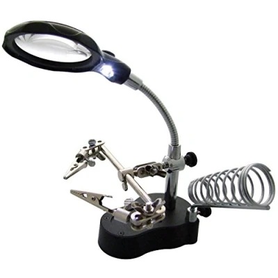 Afbeelding van JZK soldeerhulp, handvergroting, dubbel vergrootglas (3,5 x 12 x), met led lamp en handen soldeerbouthouder