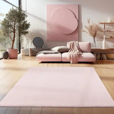 Afbeelding van HomebyHome Laagpolig tapijt voor woonkamer, 240 x 340 cm, roze wasbaar slaapkamer, eetkamer en ideaal als keukentapijt, extra zacht, effen, antislip, modern