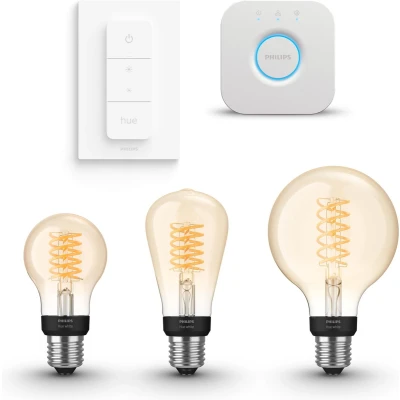 Afbeelding van Philips Hue Starterspakket White Filament Mix E27 3 Lampen, Bridge en Dimmer Switch Eenvoudige Installatie Werkt met Alexa Google Home