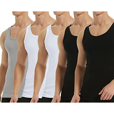 Afbeelding van Falechay Onderhemd Heren Tanktop 5 Pack 100% Katoen Fijne Rib Mouwloos Spier Shirt Sport Vesten 2 Zwart Wit 1 Grijs XL