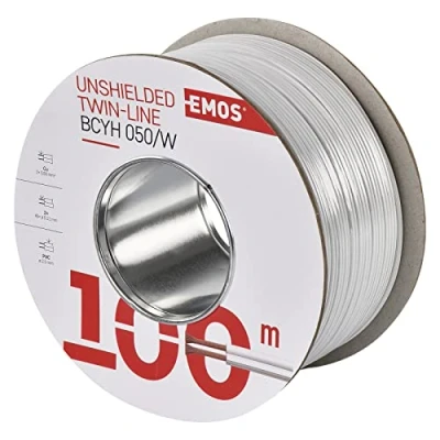 Afbeelding van EMOS S8251 koperen kabel 2 x 0,5 mm2, 100 meter tweedraads van puur koper voor laagspanning, wit met polariteitsmarkering
