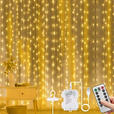 Afbeelding van Vicloon LED Lichtgordijn, 3 m*3 m, 300 LEDS, USB Gordijnverlichting met Afstandsbediening, IP65 Waterdicht, 8 Modi, Warmwit, voor Kerstmis Feestdecoratie