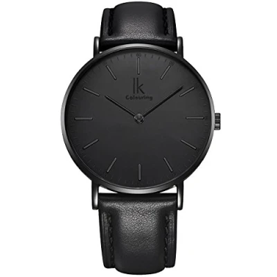 Afbeelding van Alienwork IK All Black Horloge Heren Dames Zwart Leren Armband Ultradun