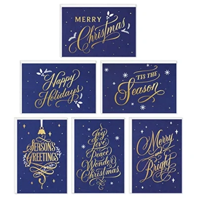 Afbeelding van Hallmark Kerstkaarten in doos, blauw en goud feestdagen (6 ontwerpen, 72 kaarten met enveloppen)