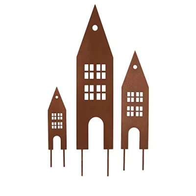 Afbeelding van UNUS Tuinsteker, 3 huizen, tuindecoratie met roestlook, decoratief huis van patina metaal voor tuin, balkon, terras of bloempot, weerbestendig