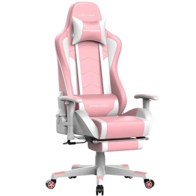 Afbeelding van GTPLAYER Gamingstoel met bluetooth luidspreker, voetsteun, bureau, gamers, ergonomisch, kussen, 3D armleuningen, verstelbare rugleuning, multifunctioneel, roze