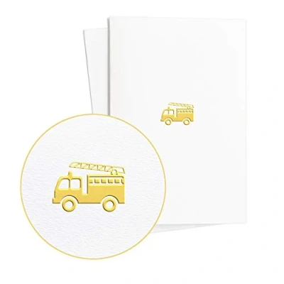 Afbeelding van Voucher cadeaubon met brandweerauto in goudfolie reliëf op gestructureerd papierverjaardagskaart brandweer origineel, elegante uitnodigingskaarten, E23
