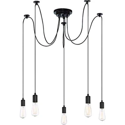 Afbeelding van iDEGU Moderne en retro kroonluchter hanglamp, 5 armen, doe het zelf, creatief, spinnenkroonluchter, verstelbaar, 150 cm, vintage plafondlamp met E27 fitting, zwart lampen
