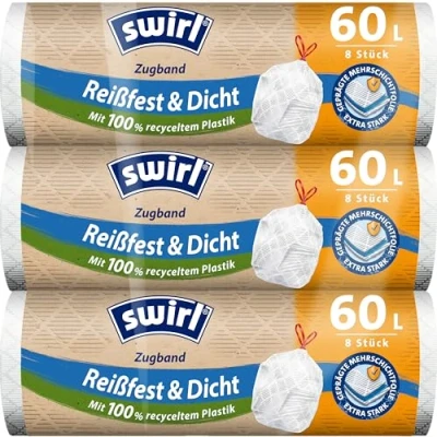 Afbeelding van Swirl Scheurvaste en dichte vuilniszakken met trekkoord, 60 liter, 3 multipack 24 zakken, extra sterk, druppelvrij