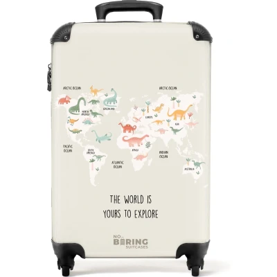 Afbeelding van NoBoringSuitcases.com® Kinderkoffer jongen Kindertrolley jongens Dino wereldkaart Handbagage koffer lichtgewicht Reiskoffer trolley kinderen Rolkoffer met wieltjes Past binnen 55x40x20 en 55x35x25