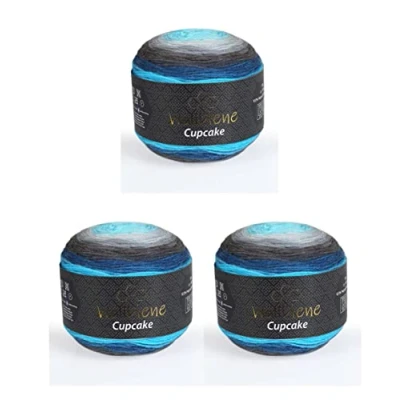 Afbeelding van Cupcake 3 x 150 g breiwol 450 gram wol voor breien en haken, babywol, Turkse wol, kleurverloopwol (donkergrijs, grijs, blauw, 3020)