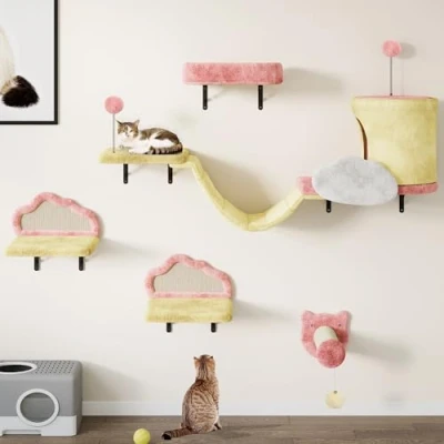 Afbeelding van YITAHOME Klimwand kattenset van flanel, 6 delig stabiel kattenmeubel met kattenhuis, kattenbed, kattenhangbrug, sisalzuil, kattenspeelgoed, voor katten, slapen, spelen, lounging