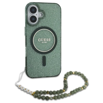 Afbeelding van Guess Hoesje Geschikt voor iPhone 16 Pro Max Met Koord MagSafe IML Case with beads strap groen