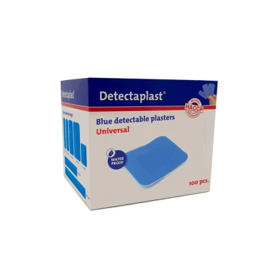 Afbeelding van Detectaplast blauwe pleisters Universal, metaaldetecteerbare, waterdichte en vuilwerende sensitive, voor de voedingsindustrie, catering grootkeuken, 38 x mm, 100 stuks