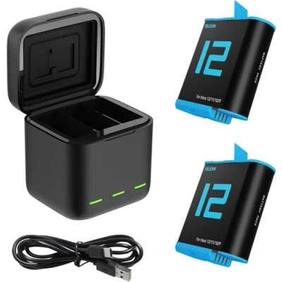 Afbeelding van TELESIN Drievoudige oplader en batterijopbergdoos met 3 kanaals lader 2 oplaadbare lithium ionbatterijen voor GoPro Hero 11/Hero 10/9 (oplader + batterijen)