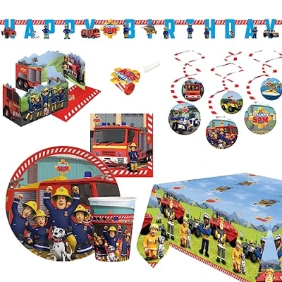 Afbeelding van Amscan 9917096 Brandweerman Sam Partyset, 56 delig, wegwerpservies &amp; decoratie, verjaardagsfeestje voor kinderen