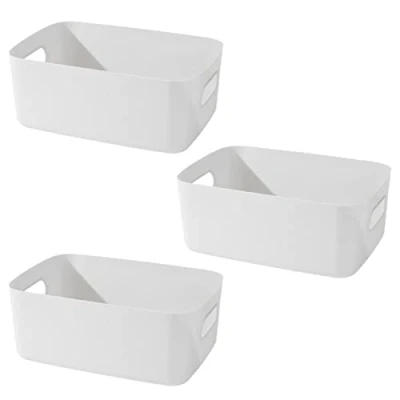 Afbeelding van Yngffb Set van 3 kleine plastic opbergmanden, opgeruimde organizer voor kantoor, thuis en keuken, het organiseren stapelbare opbergdozen met handgrepen, 19 x 13,5 7,5 cm, (wit)