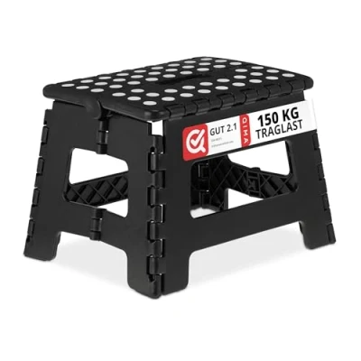 Afbeelding van Relaxdays opstapje inklapbaar, 22,5 cm hoog, 1 trede, tot 120 kg, antislip opstapkruk, laag kinderkrukje, caravan, zwart