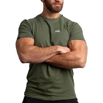 Afbeelding van Natural Athlet Slim Fit Fitness T shirt voor heren lang sneldrogend gym bodybuilding, krachttaining en sport, olijfgroen, L