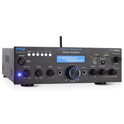 Afbeelding van Pyle Bluetooth Audioversterker 200 Watt Piekvermogen Tweekanaals Audio Stereo Versterker USB, SD, AUX, Microfoon ingang met Echo Effect Radio, LCD Displayisplay RCA Ingangen