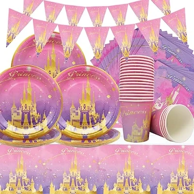 Afbeelding van Doyomtoy prinses kasteel partyservies roze meisje verjaardag party decoratie 62 stuks papieren borden beker servetten tafelkleed decoraties