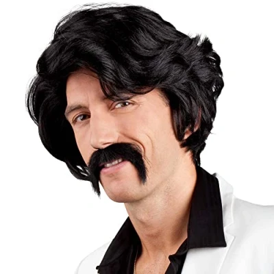 Afbeelding van Boland 86346 Pruik Chuck met snor, jaren &#039;70&#039;, gangster, popster, Italo stijl, St Pauli, retro, fout feest, carnaval, Halloween, themafeest