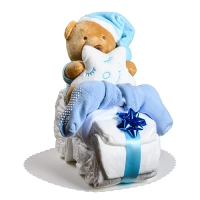 Afbeelding van Luiertaart jongen in blauw motorfiets met knuffeldier, geboortecadeaus voor moeder, doop of babyfeest cadeau idee pasgeboren luiers inclusief wenskaart