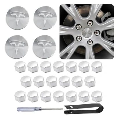 Afbeelding van Tesla Model 3/Model Y Wieldopset (zilver), 4 naafdoppen + 20 notenafdekkingen
