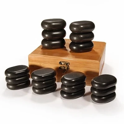 Afbeelding van Master massage Hot Stone Set massagestenen stenen, 18 stuks. Zwarte Lava vocano basalt, delig, met een mooie bamboekist.