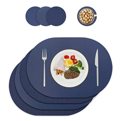 Afbeelding van Placemats en onderzetters van leer, tafeldecoratie, afwasbaar, PU kunstleer, hittebestendig, voor keuken eettafel, set 4, ovaal, blauw