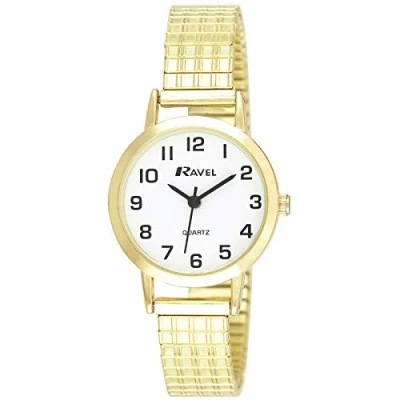 Afbeelding van Ravel Traditioneel dames horloge met duidelijke, numerieke wijzerplaat op een elastisch bandje Analoge Kwarts R0201.02.2S Goudkleurig/zwart