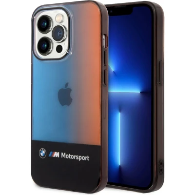 Afbeelding van CG Mobile BMW Motorsport Collection PC/TPU IML hoesje met bedrukte middelste driekleurige vervagende streep, volledige bescherming, krasbestendig, compatibel iPhone 14 Pro Max zwart