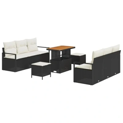 Afbeelding van vidaXL 9 delige Tuin Sofa Set met Kussens Zwarte Poly Rieten Acacia