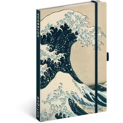 Afbeelding van NOTIQUE notitieboek, gelinieerd met elastiek 13x21cm ca. A5, designer hardcover notebook, notitieblok, dagboek voor volwassenen, dames (Katsushika Hokusai)