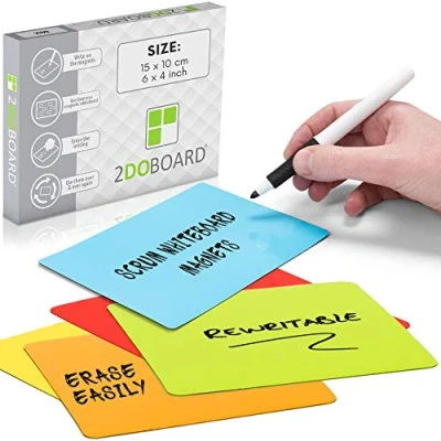 Afbeelding van 2DOBOARD Herschrijfbare Scrum Magneten voor Whiteboard of Koelkast 25 stuks 15 x 10 cm Mix set: 5 rood, blauw, geel, oranje en groen elk Planbord zoals een Scrumbord, Lean, Agile Kanban Board