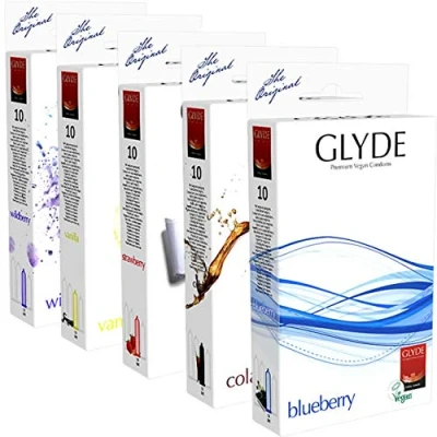 Afbeelding van Glyde Condoms Aroma Mix, 5x10 veganistische condooms met verschillende smaken (Blueberry, Cola, Strawberry, Vanilla, Wildberry), speciale aanbieding probeer en geniet