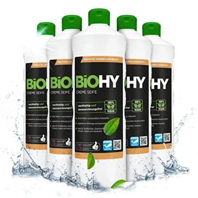 Afbeelding van BiOHY Crème zeep (6 x 1l Fles) Zachte, vette en reukloze handzeepvuller uit de groentesector PHOSPHATFREI Zonder parfum kleurstoffen (Creme Seife)