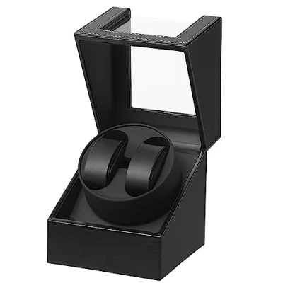 Afbeelding van LINGFANSTORE Automatische horlogeopwinder box, luxe horlogeopwinder, horlogebehuizing met stille Mabuchi motor, werkt op batterijen of voeding, PU leer, zwart, zwart
