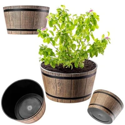 Afbeelding van KADAX Plantenpot in houten vatdesign, ø 40 cm, van weerbestendig kunststof, voor tuin, terras en balkon, decoratieve bloempot, bloempot of mokkabruin, vijver met wateremmer