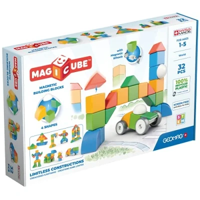 Afbeelding van GEOMAG Magicube Shapes Magnetische stapelbouwstenen voor baby&#039;s vanaf 1 jaar 32 kubussen in 4 kleuren en vormen 100% gerecycled plastic 3D constructie Ontwikkelt de motoriek