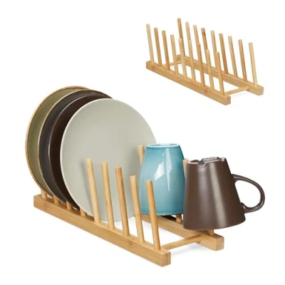 Afbeelding van Relaxdays afdruiprek set van 2 bordenrek afwas droogrek elk 8 houders bamboe