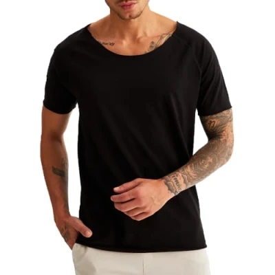 Afbeelding van Leif Nelson T shirt voor heren, zomer, diepe ronde hals, regular fit, 100% katoen, casual basic heren met korte mouwen, zwart, L