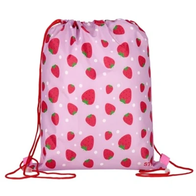 Afbeelding van Roze schoenentas, schooltas in aardbeien voor lichamelijke opvoeding 32x38 cm